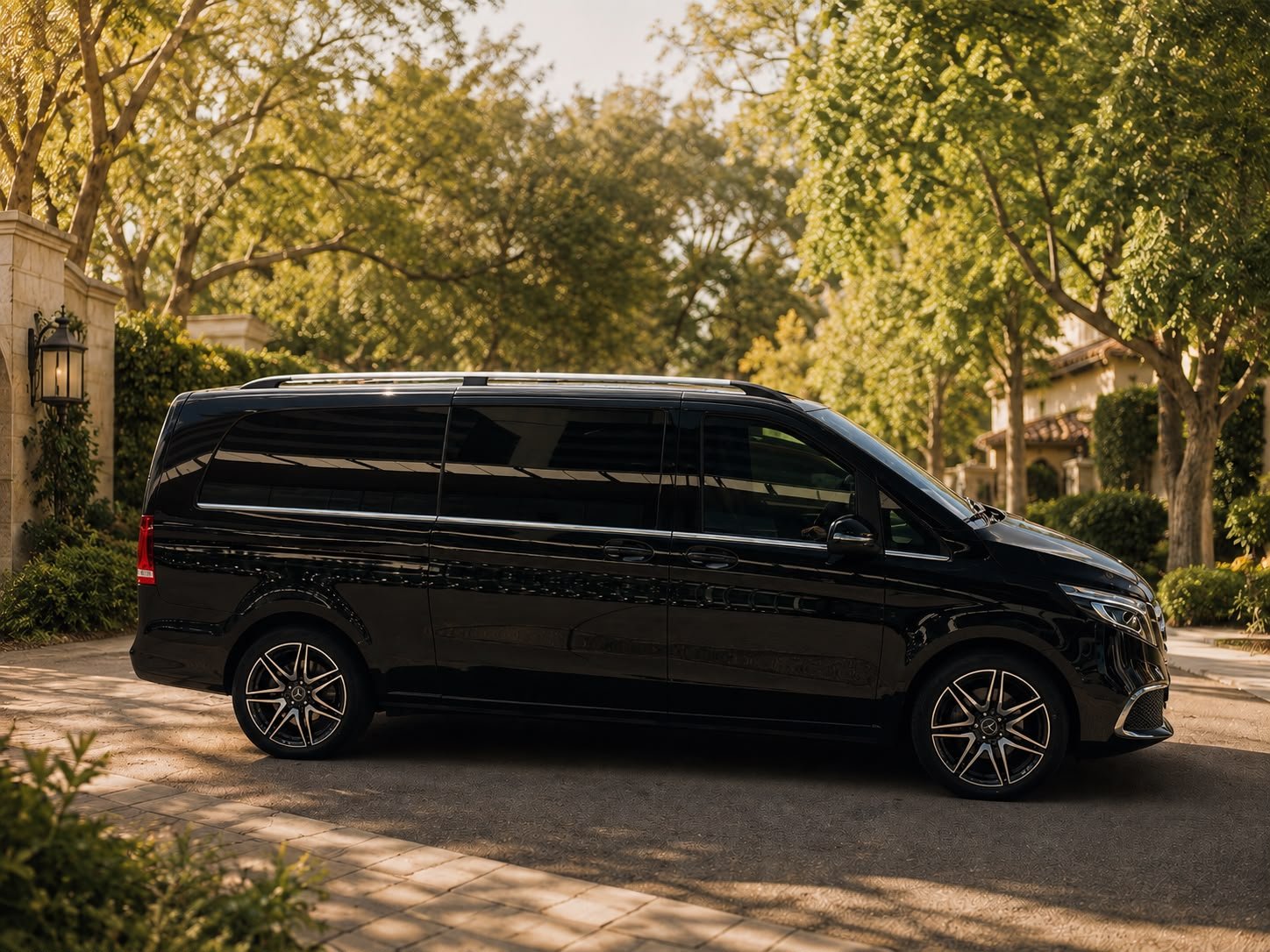 Black Mercedes V-Class used to transport children from door to door
