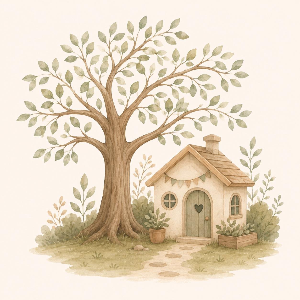 Illustration of a tree with a small house