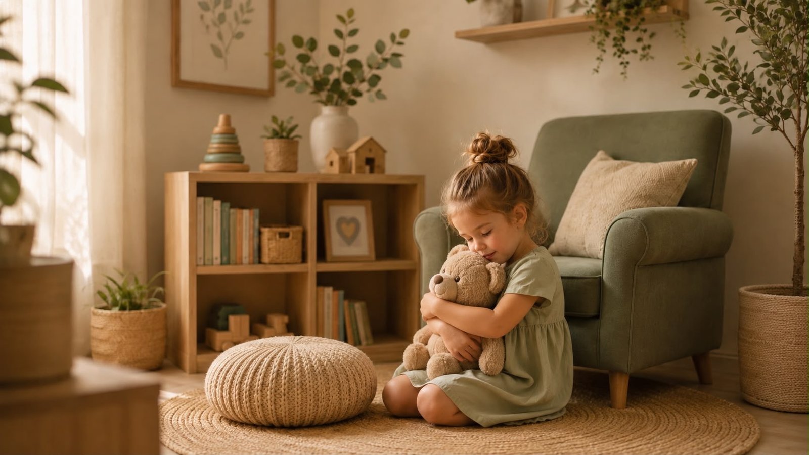 Child with a familiar cuddly toy in a calm, homely environment