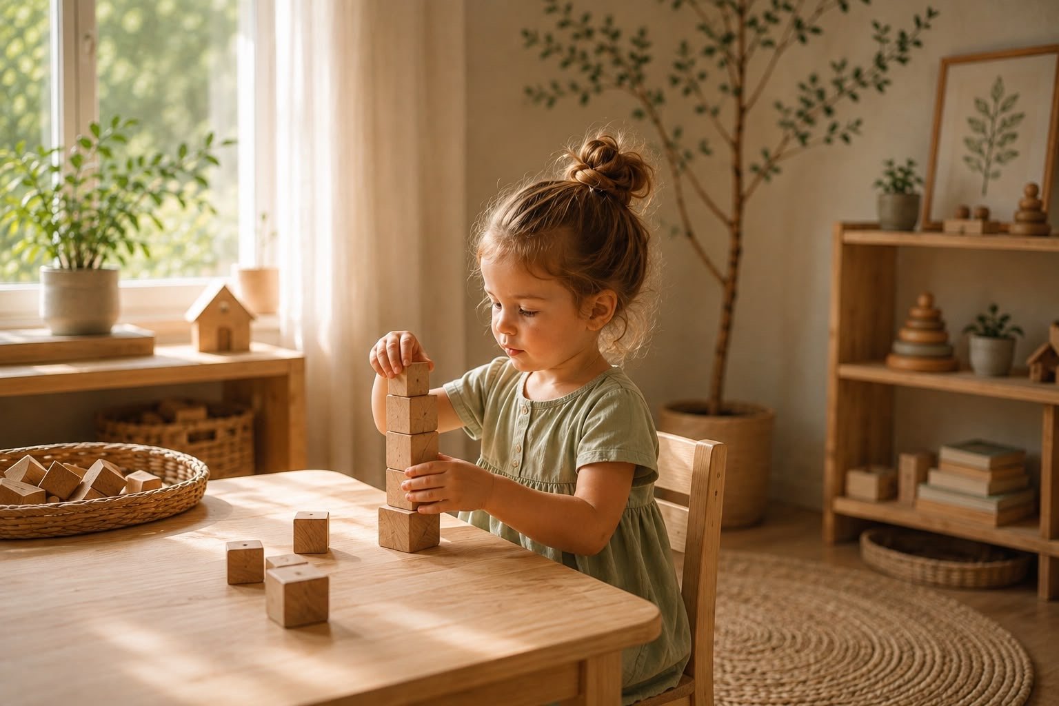Children playing in a warm, small-scale play space with natural materials