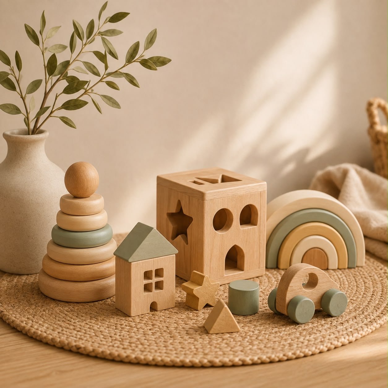 Wooden toys and plants in a warm, calm space