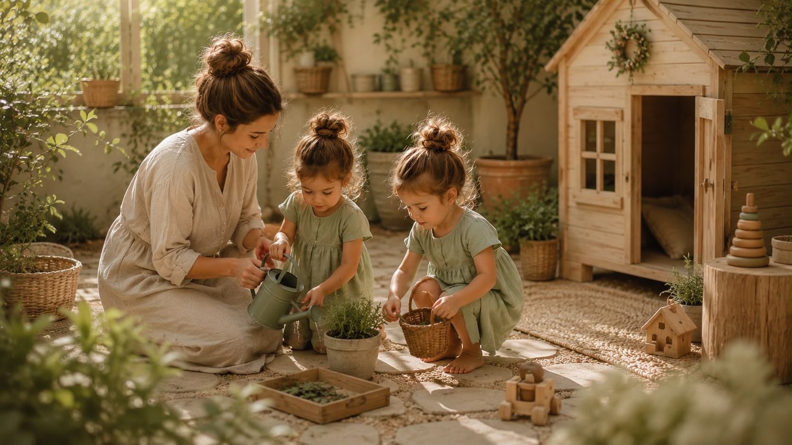 Two children playing together with wooden building blocks