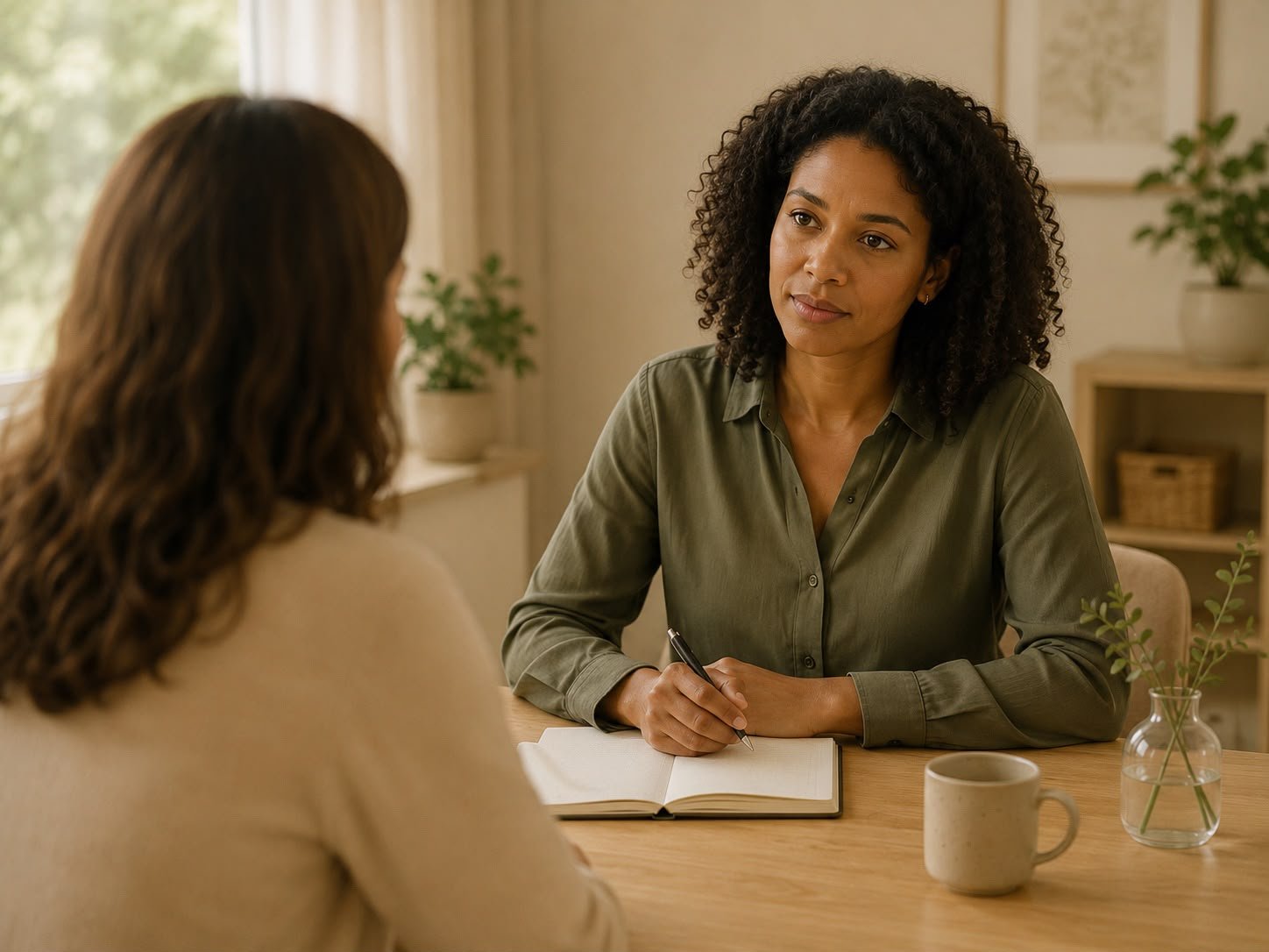 Ouder en begeleider in gesprek aan tafel