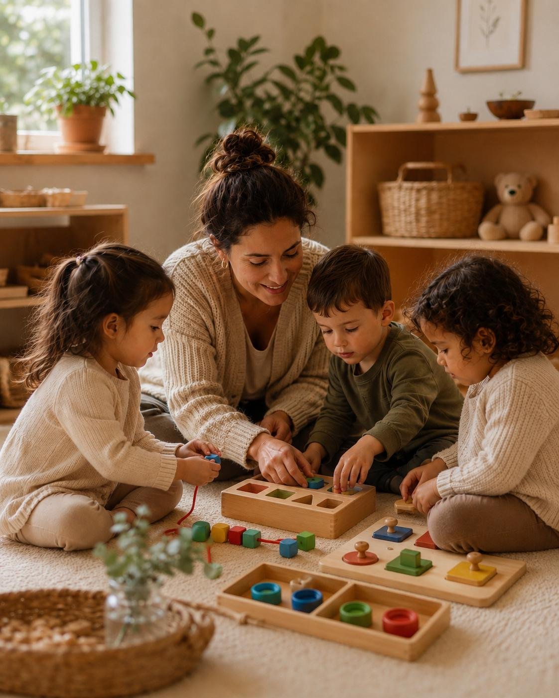 A support worker working with three children on developmental materials on the floor