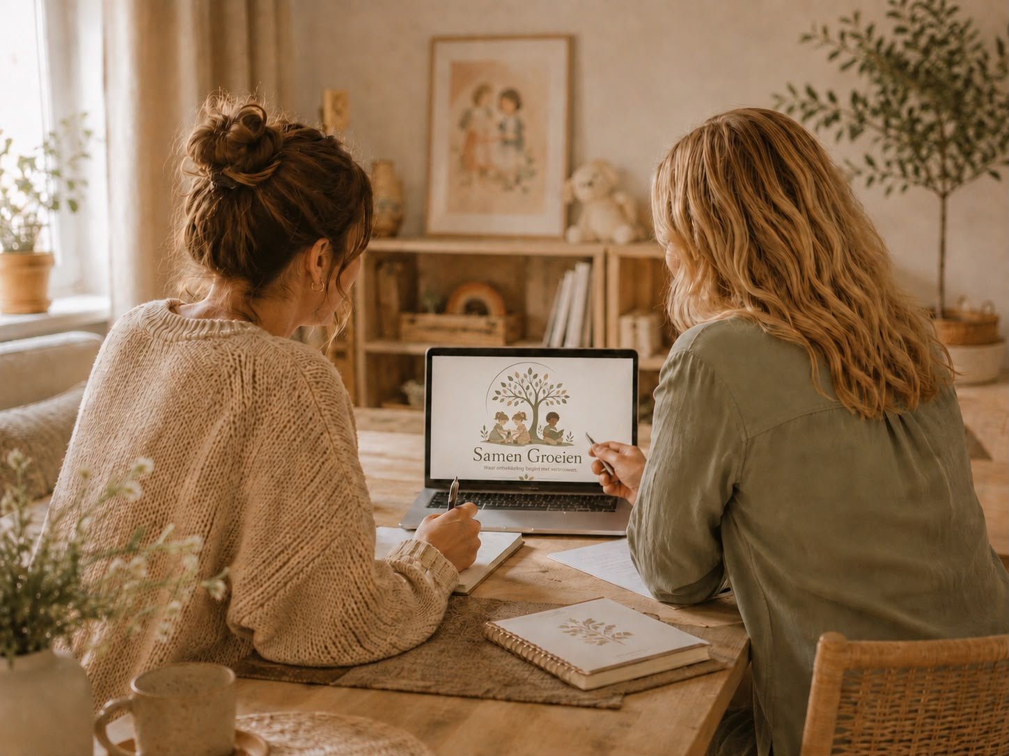 Two professionals in discussion at a table with a laptop showing the Samen Groeien logo