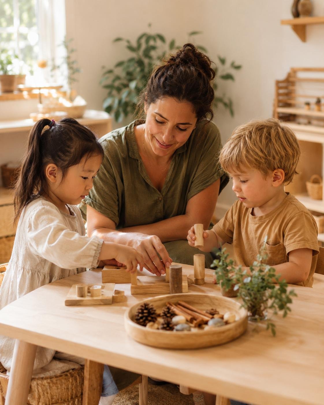 Support worker at a table with two children