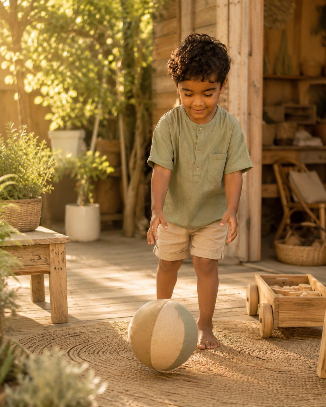 Young boy playing outside with a ball