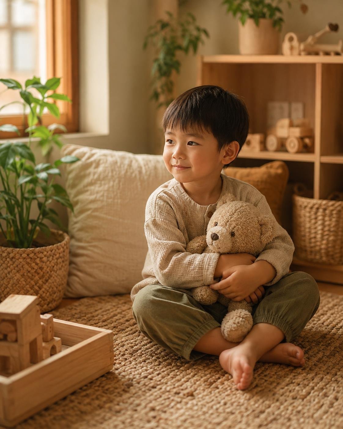 Young boy with a cuddly toy in a quiet corner