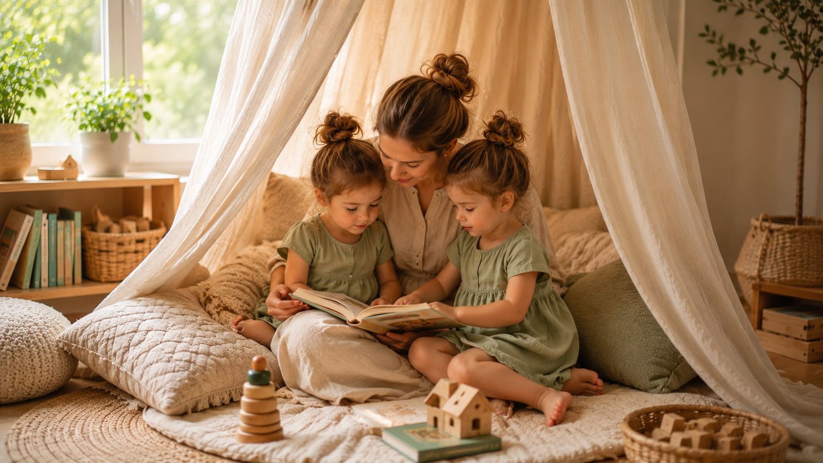 A support worker reading a book with two children in a cosy corner